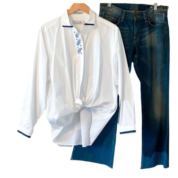 𝅺COTTAGE Core White Blouse with Blue Embroidery - Picture 1 of 8